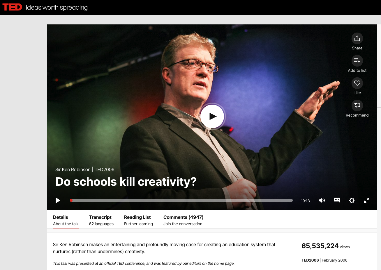 目前在Ted上最多人觀看的演講在說什麼？